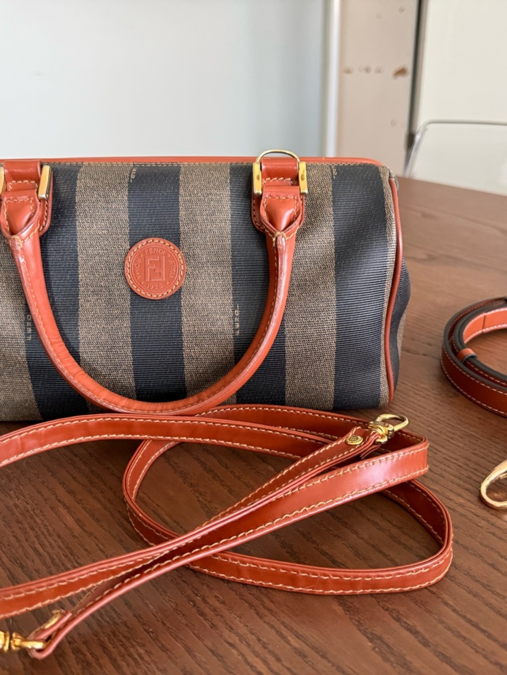 Fendi Brown and Black Striped Canvas Shoulder Bag with Tan Leather Trim - Picture 9 of 16